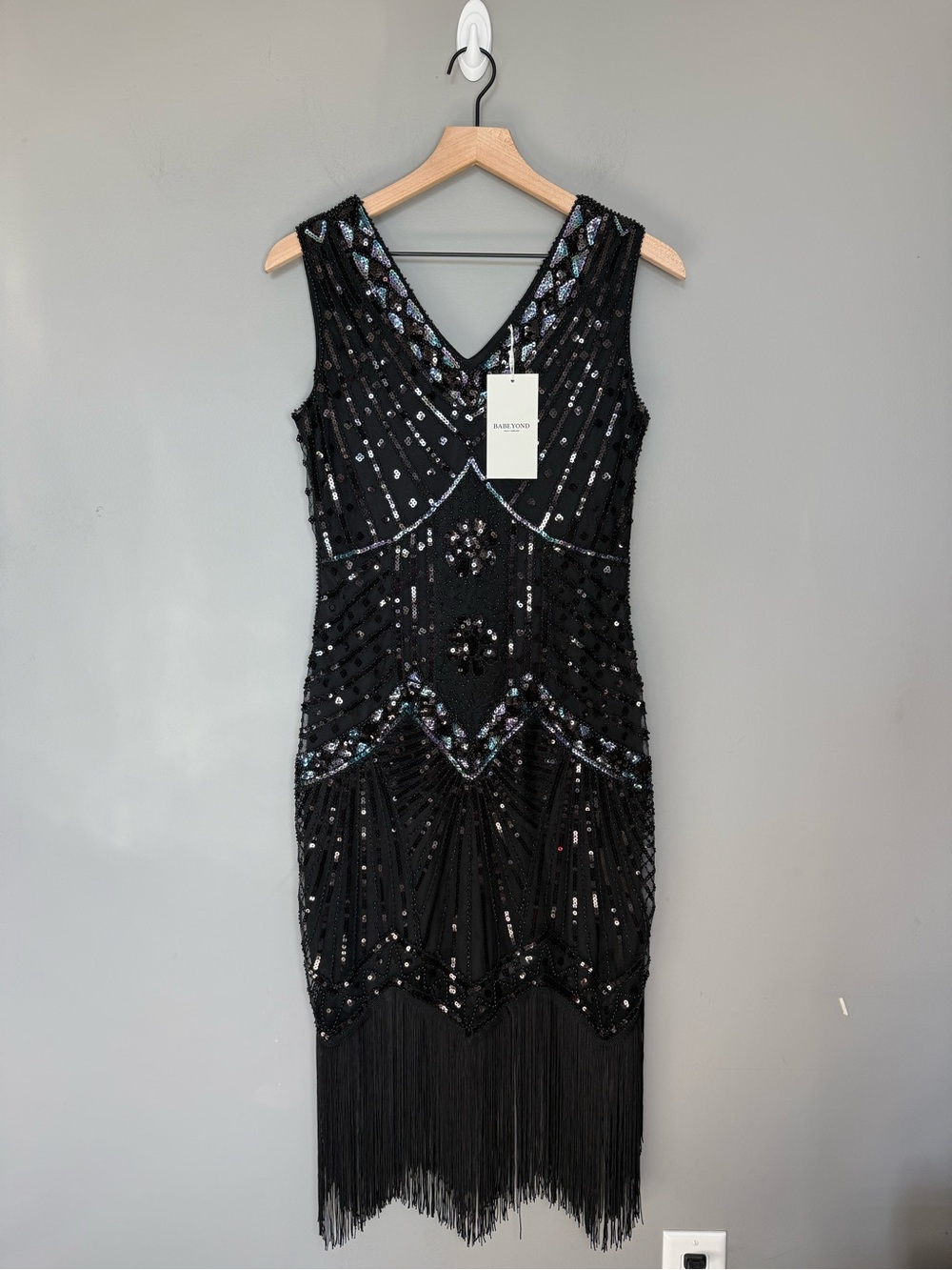 BABEYOND Black Beaded Fringe Flapper Dress Art Deco Gatsby Size M‎ NWT